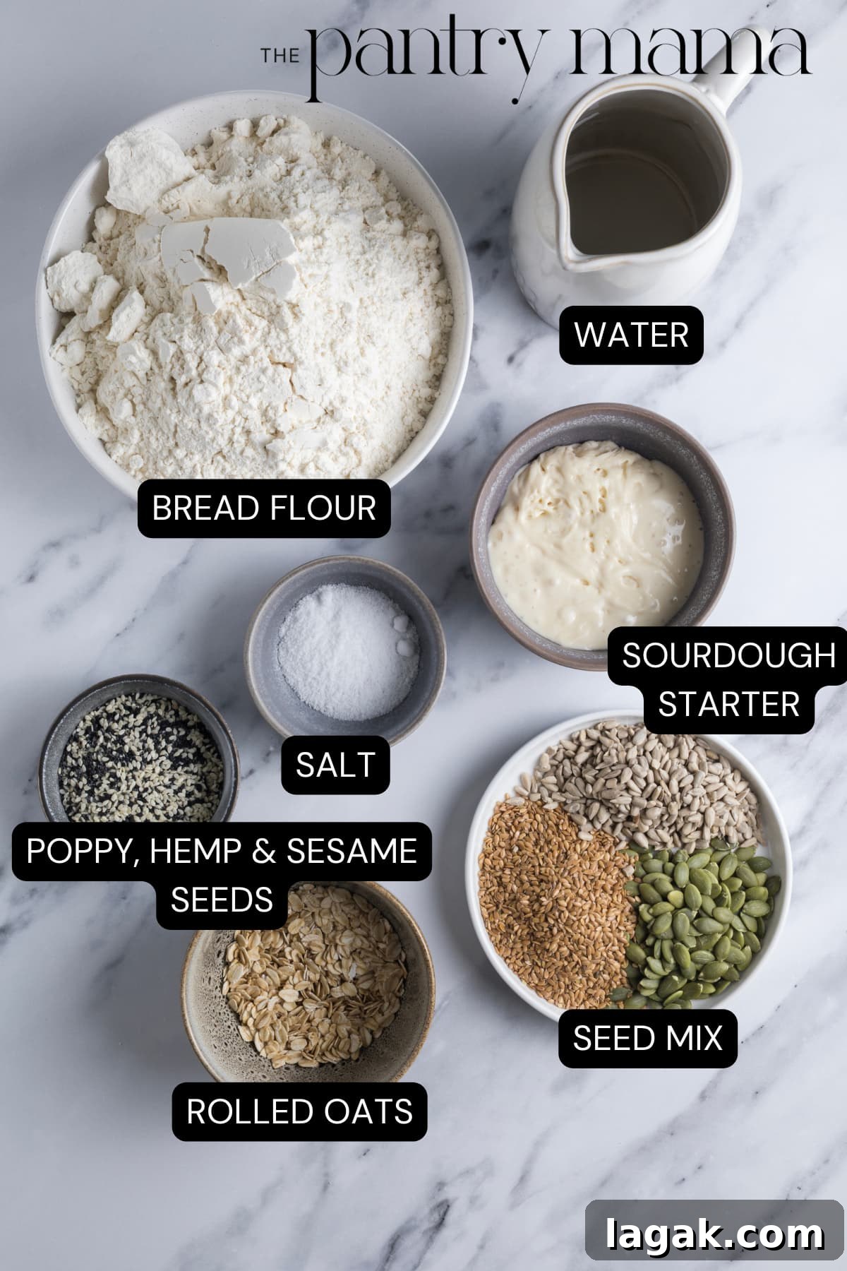 Multigrain Sourdough Bread: Step-by-Step Artisan Recipe 3 Labeled ingredients on counter to make multigrain sourdough bread.