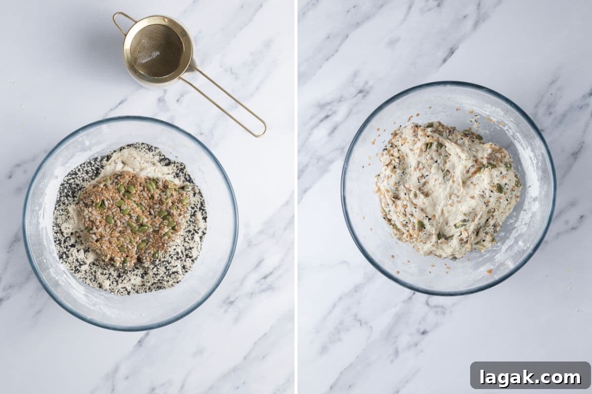 Multigrain Sourdough Bread: Step-by-Step Artisan Recipe 5 Mixing seed mixture into dough to make multigrain sourdough bread.