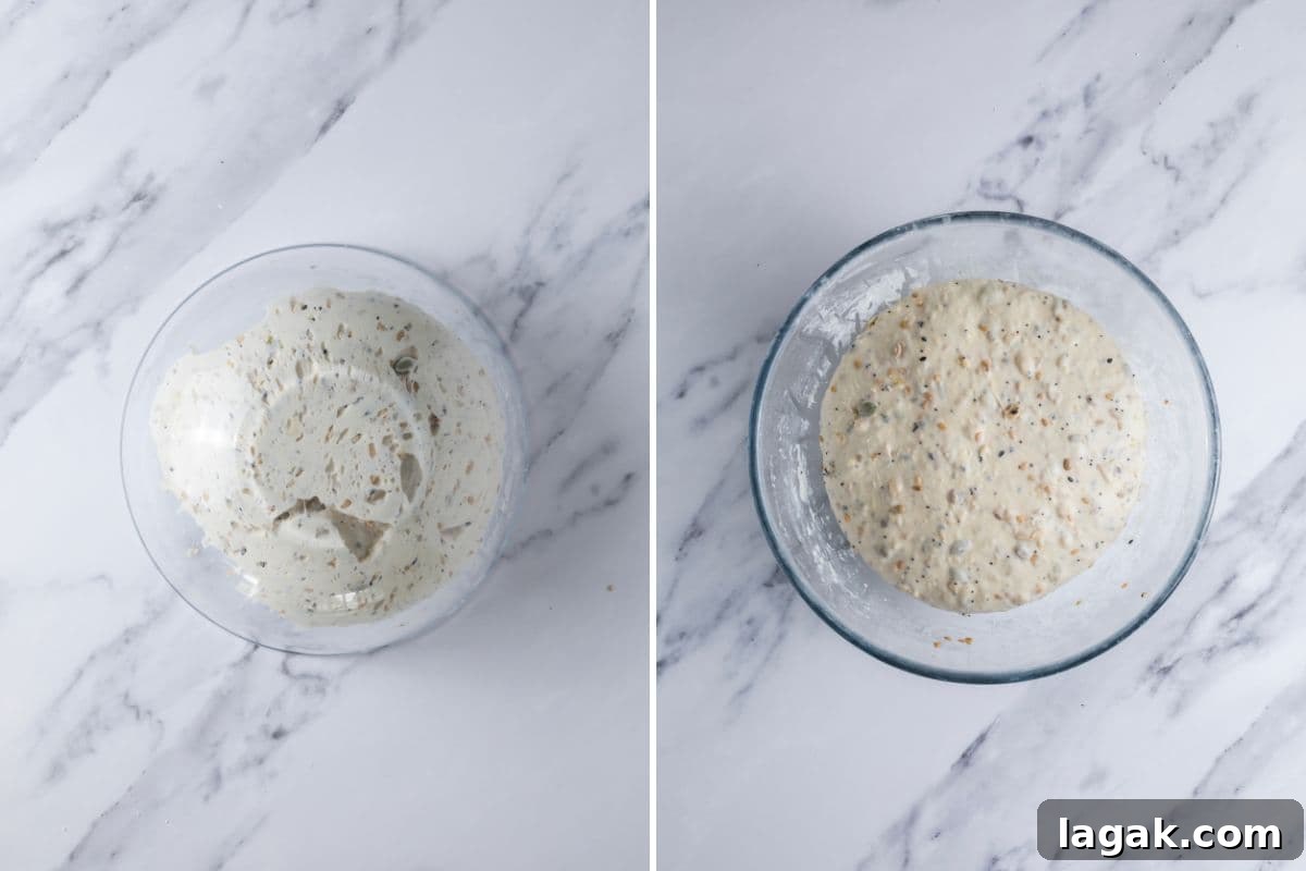 Multigrain Sourdough Bread: Step-by-Step Artisan Recipe 6 Two photos to show the dough for multigrain sourdough bread after bulk ferment phase.