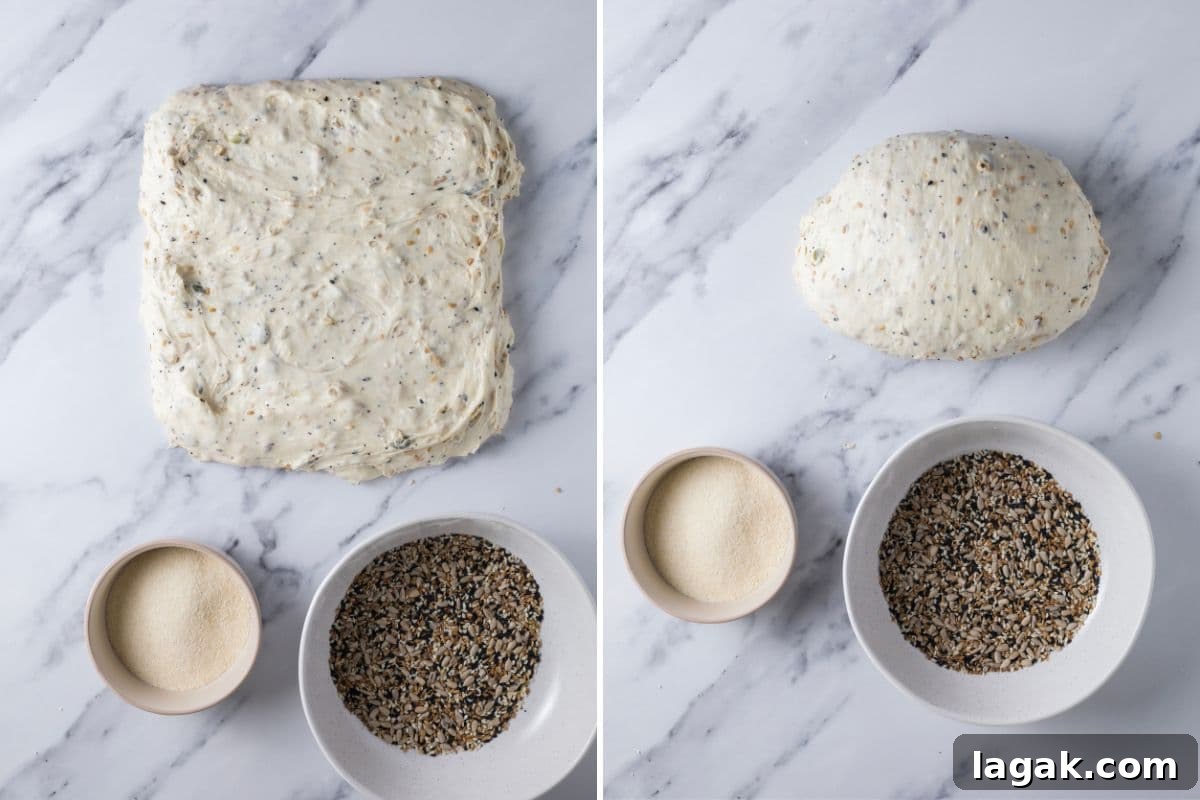 Multigrain Sourdough Bread: Step-by-Step Artisan Recipe 7 Two photos to show how to shape the dough to make a loaf of multigrain sourdough bread by stretching dough on counter and folding over.