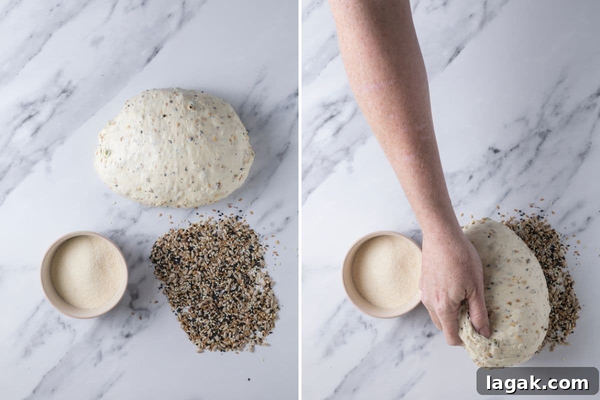 Multigrain Sourdough Bread: Step-by-Step Artisan Recipe 8 Two photos to show rolling dough in seed mix before placing in banneton to make multigrain sourdough bread.