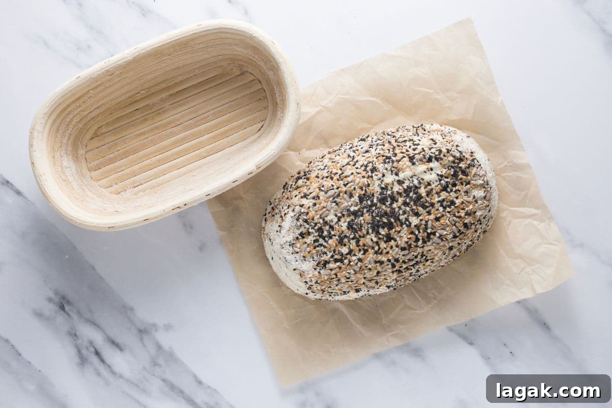 Multigrain Sourdough Bread: Step-by-Step Artisan Recipe 10 Shaped multigrain sourdough bread dough on a piece of parchment paper, next to a banneton after bulk ferment.