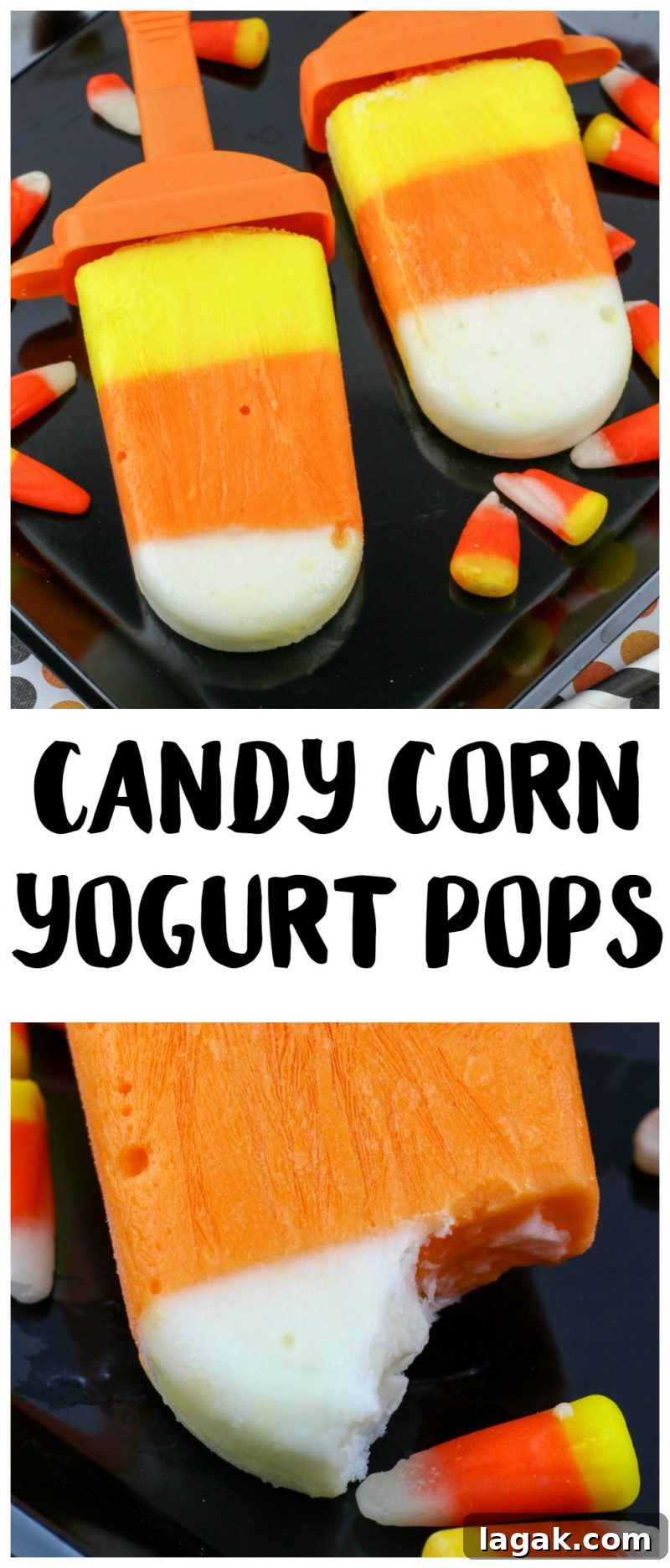 Candy Corn Yogurt Pops: Festive Frozen Treats for Fall 7 These Candy Corn Yogurt Pops are an easy, delicious way to get your fix of one of the best kinds of Halloween treats! These ice pops taste like desserts but are actually healthy, and are an easy recipe to enjoy- no baking required!