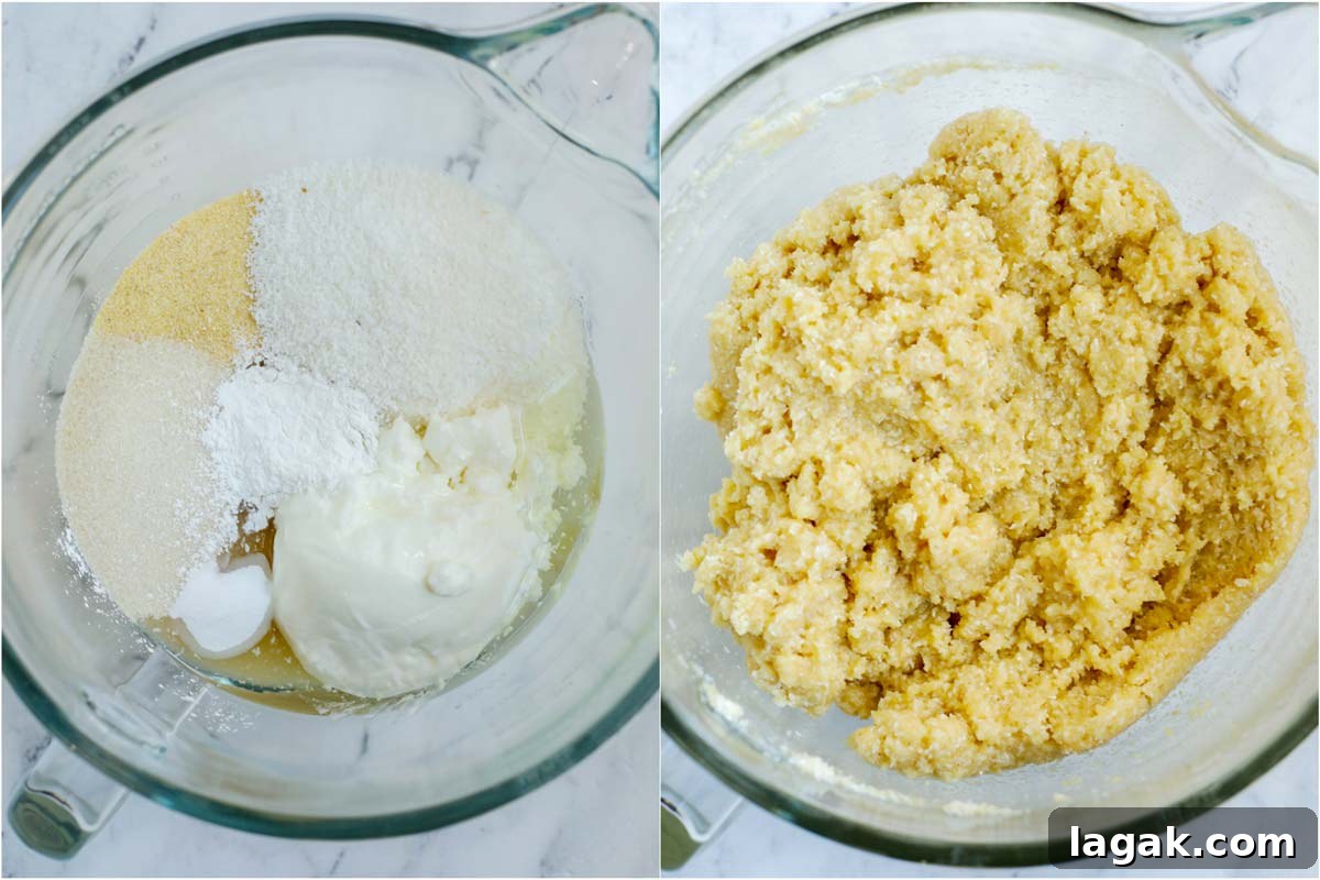 Coconut Basbousa Recipe: Moist Semolina Cake with Syrup 4 Set of two photos showing batter for basbousa forming.
