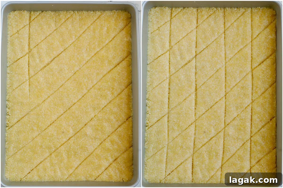 Coconut Basbousa Recipe: Moist Semolina Cake with Syrup 5 Set of two photos showing how the Coconut Basbousa is cut before baking.