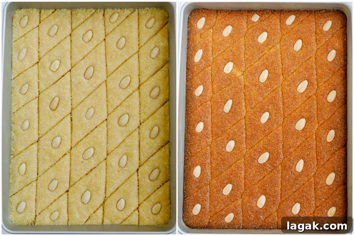 Coconut Basbousa Recipe: Moist Semolina Cake with Syrup 6 Set of two photos showing Coconut Basbousa before and after baking.