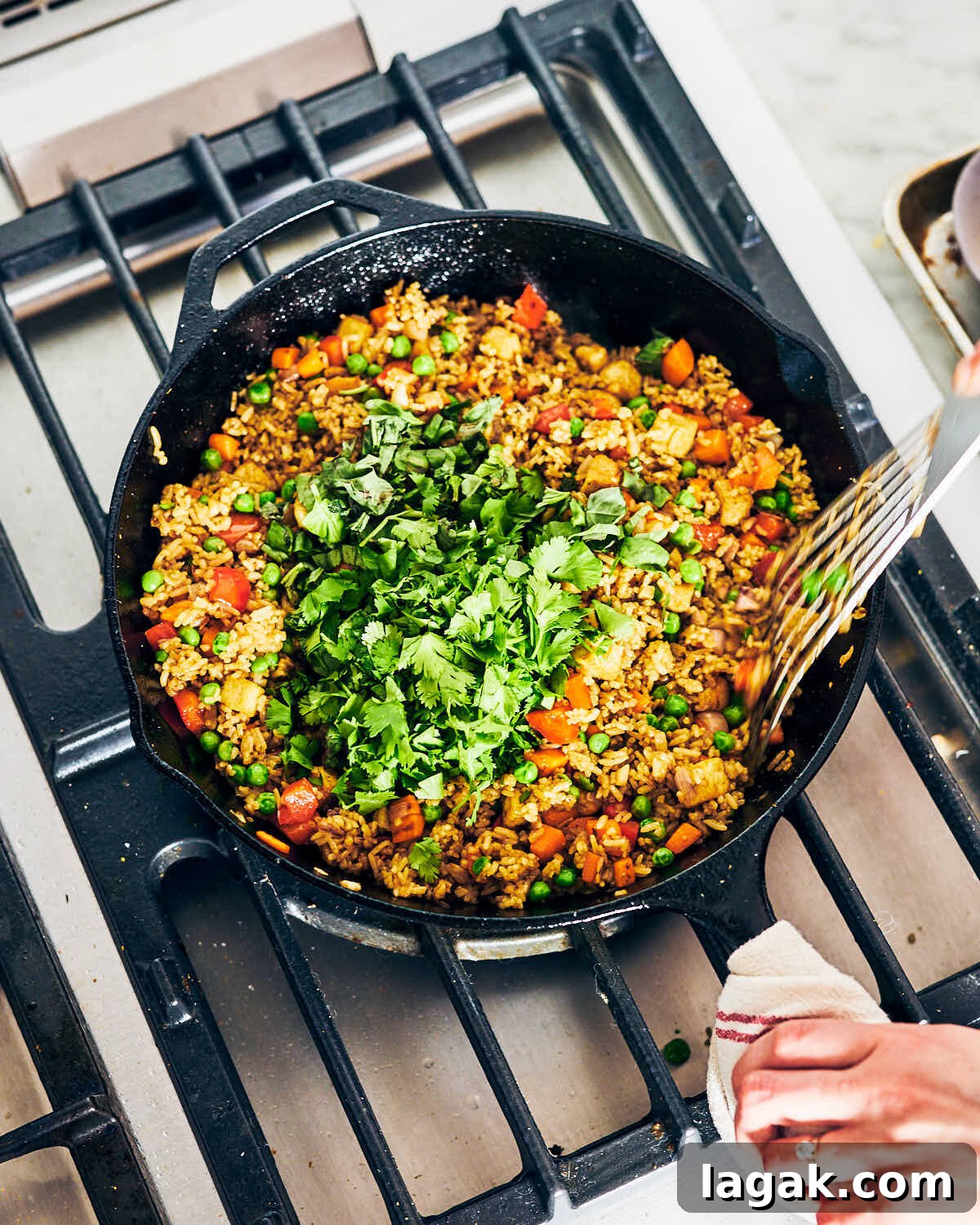 Chopped fresh cilantro and basil being stirred into fried rice.