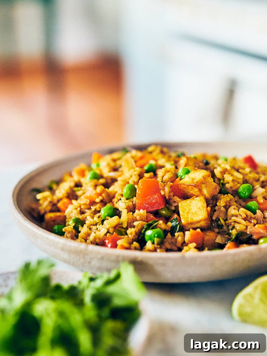 Thai Green Curry Fried Rice with tofu and vegetables.
