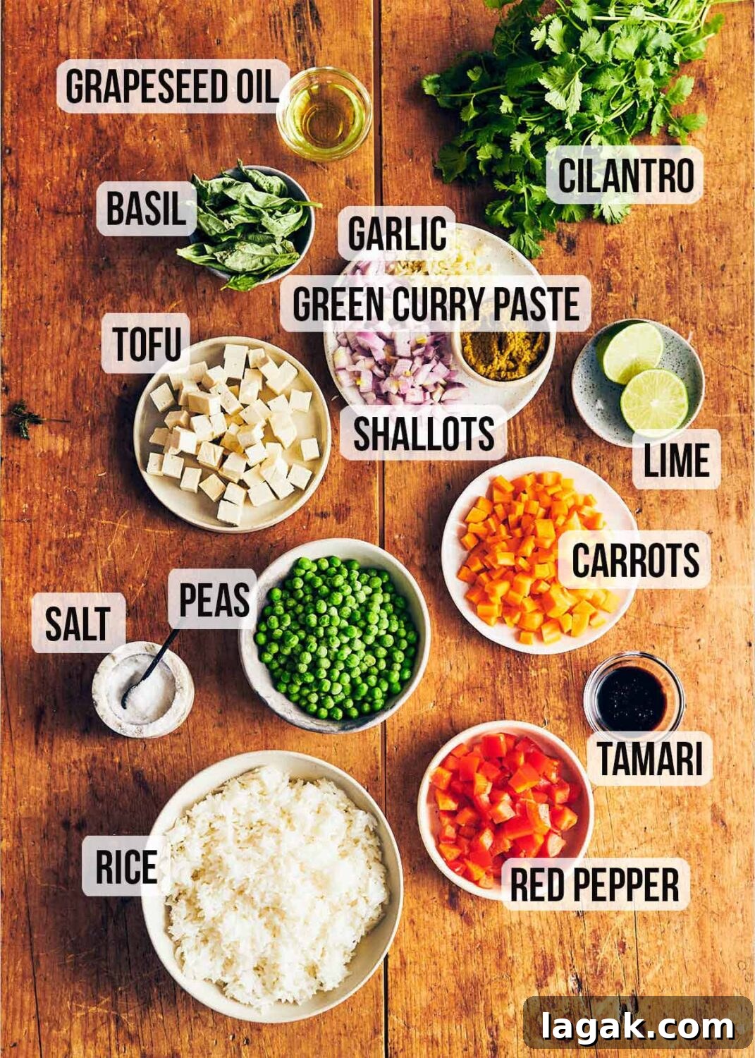 Ingredients for vegan Thai Green Curry Fried Rice.