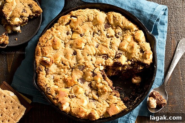 Gooey Chocolate Chip Skillet Cookie Recipe for Sharing 4 The taste of s'mores right from your oven! Peanut Butter S'mores Chocolate Chip Skillet Cookie combines graham crackers, toasted marshmallows, chocolate chips, and peanut butter into one heavenly dessert.