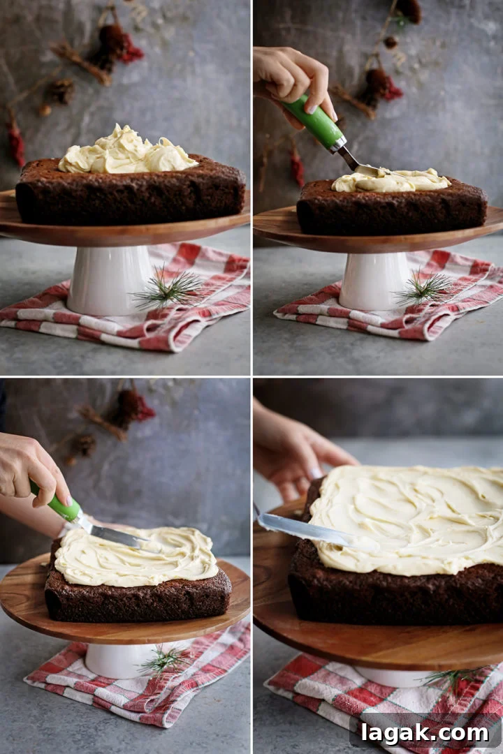 Chocolate Gingerbread Cake Recipe — Moist & Rich Flavor 5 step by step photos of how to frost a gingerbread cake with citrus cream cheese frosting