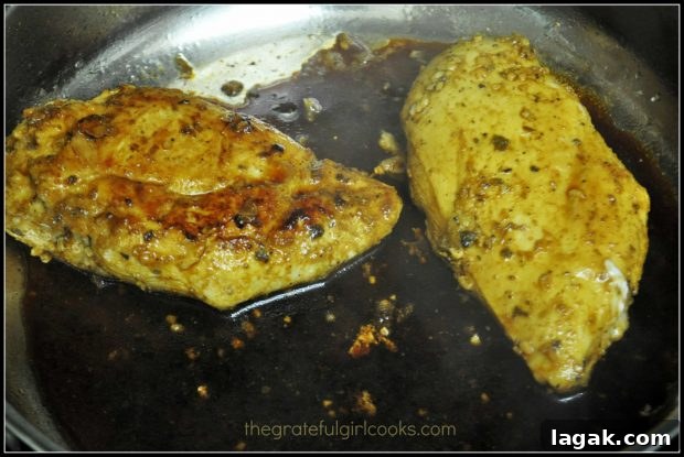 Marinated, Pan-Seared Mexican Chicken / The Grateful Girl Cooks! Finished cooking, the pan-seared Mexican chicken has darkened in color.