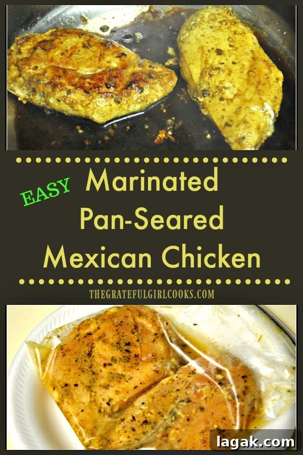 Marinated, pan-seared Mexican chicken is a delicious, low-fat, easy to prepare dish. The chicken will surprise you with its depth of flavor. / The Grateful Girl Cooks! Marinated, pan-seared Mexican chicken is a delicious, low-fat, easy to prepare dish. The chicken will surprise you with its depth of flavor.