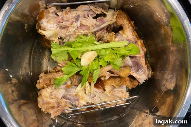 Instant Pot Rotisserie Chicken Soup Recipe for Comforting Meals 3 carcass from roasted rotisserie chicken in pressure cooker with celery and garlic