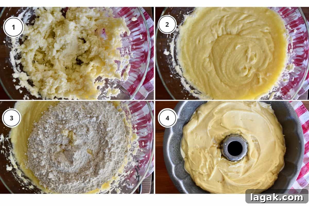 Mascarpone Pound Cake Recipe: Moist Italian Cream Cake with Mascarpone 5 Process shots showing how to make recipe including mixing the batter and pouring into bundt cake pan.