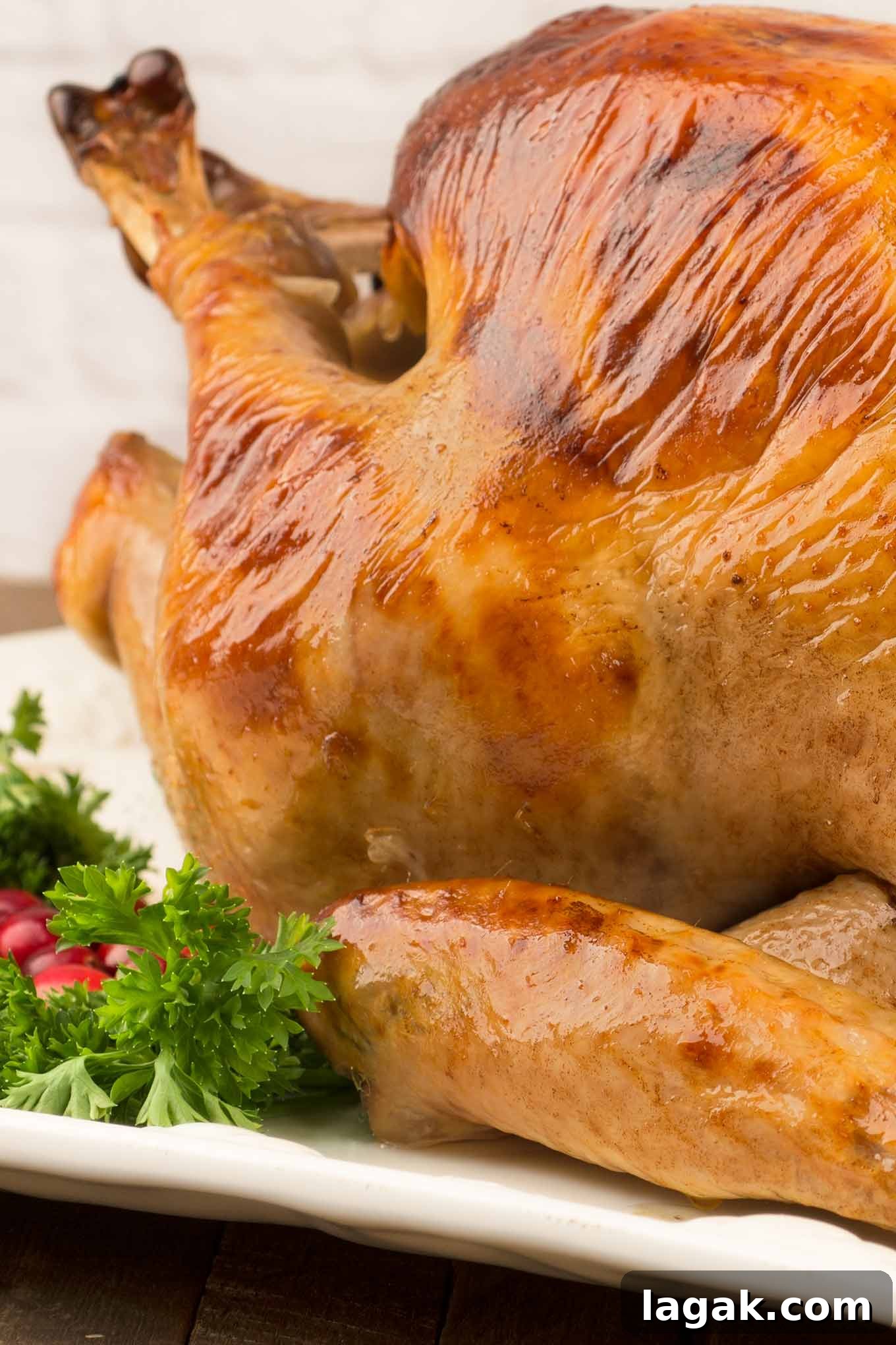 Buttermilk and Honey Brined Roast Turkey Recipe 2 A close-up photo of a whole brined and roasted turkey on a serving platter, garnished with fresh parsley and cranberries.