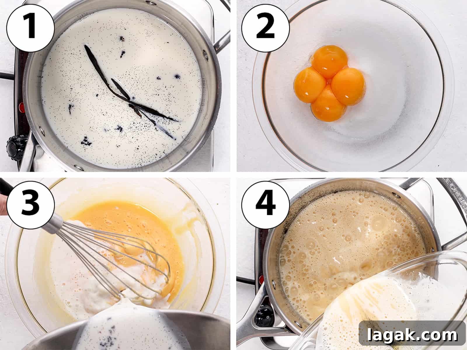 Bavarian Cream Recipe: Silky Crème Bavaroise Made at Home 4 Process shots: heating milk, mixing eggs and sugar, combining mixtures.