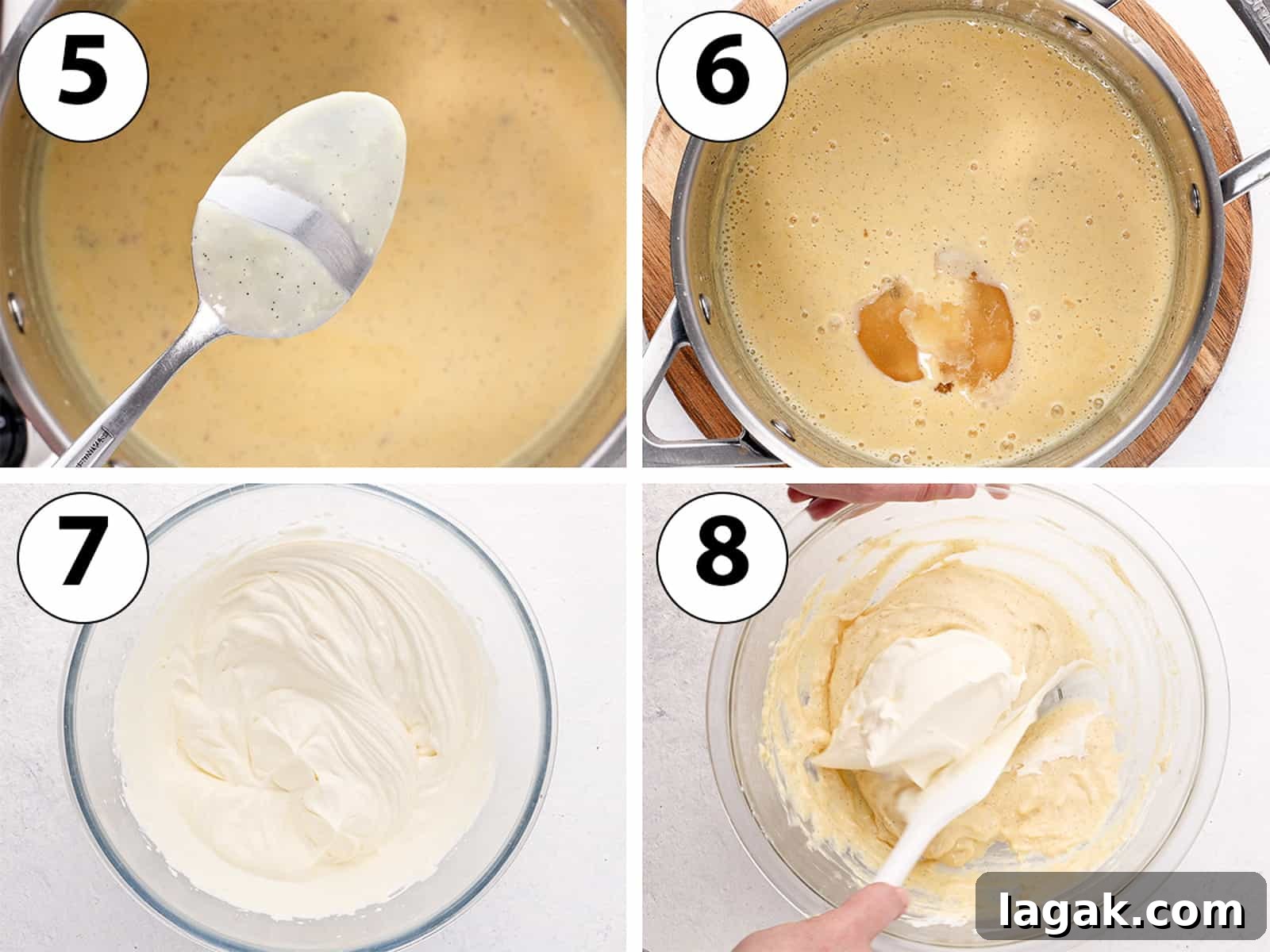 Bavarian Cream Recipe: Silky Crème Bavaroise Made at Home 5 Process shots: adding gelatin, whipping cream, folding custard.