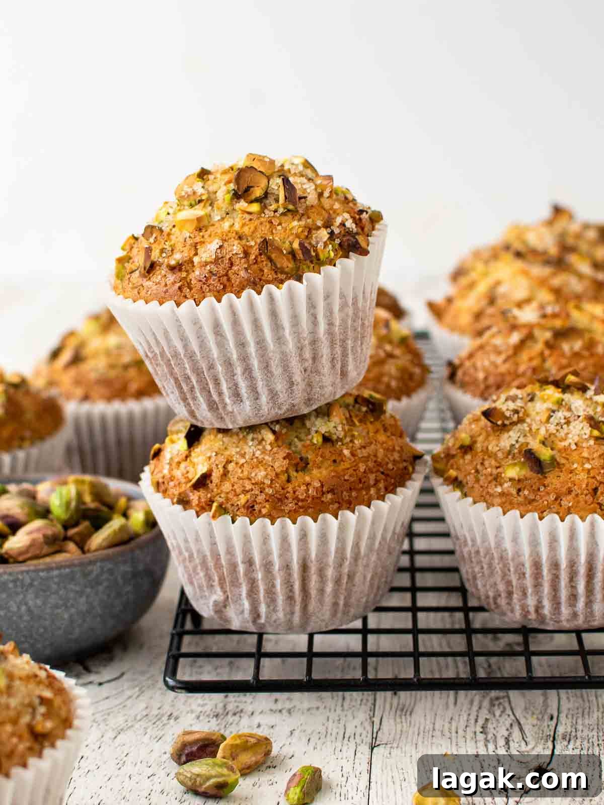 Moist Pistachio Muffins with Lemon Glaze 2 Two pistachio muffins stacked on a black wire rack with more muffins in the background.