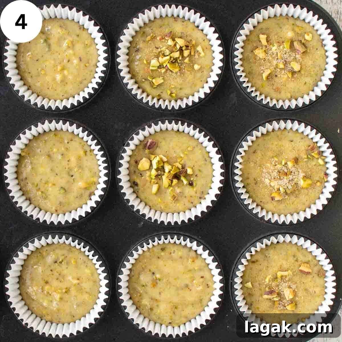 Moist Pistachio Muffins with Lemon Glaze 7 Muffins batter in muffin pans ready for baking.