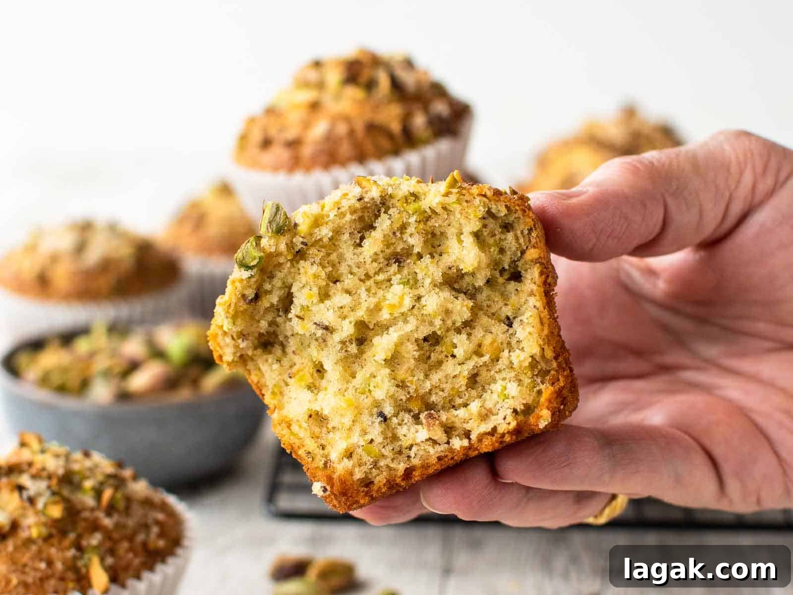 Moist Pistachio Muffins with Lemon Glaze 9 A close up view of a muffin split in half and being held by a female hand.