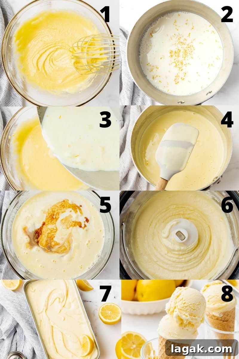 Creamy Lemon Ice Cream Recipe: Zesty Homemade Frozen Treat 4 a collage of 8 images showing how to make lemon ice cream with an ice cream maker.