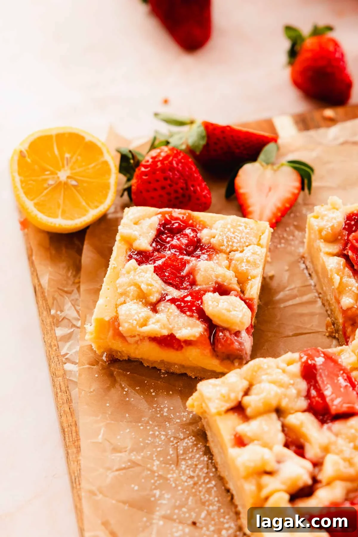Strawberry Lemon Bars Recipe with Zesty Shortbread Crust 2 creamy strawberry lemon bars on cutting board with strawberries and lemons