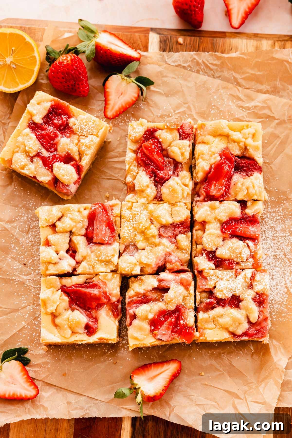 Strawberry Lemon Bars Recipe with Zesty Shortbread Crust 14 strawberry lemon crumb bars cut into squares