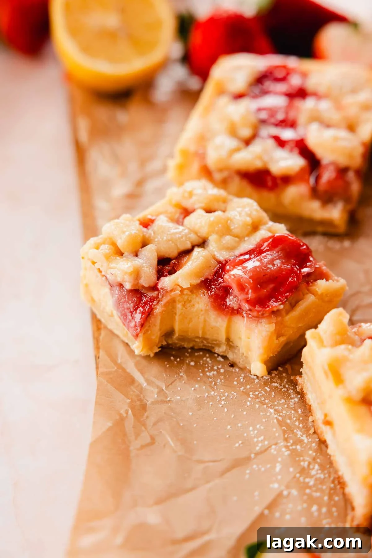 Strawberry Lemon Bars Recipe with Zesty Shortbread Crust 3 bitten creamy lemon strawberry bar