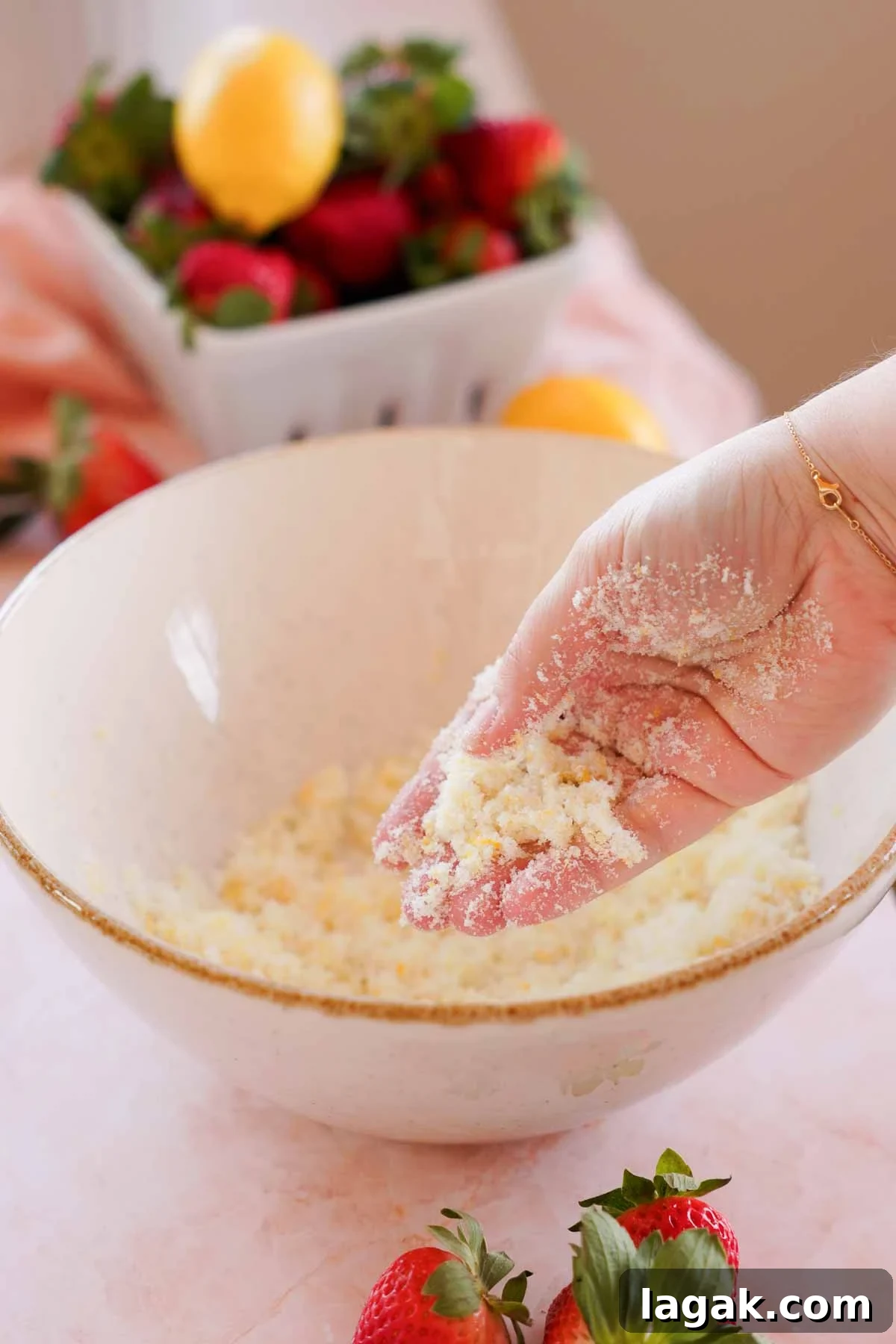 Strawberry Lemon Bars Recipe with Zesty Shortbread Crust 4 rubbing lemon zest and sugar together in large bowl