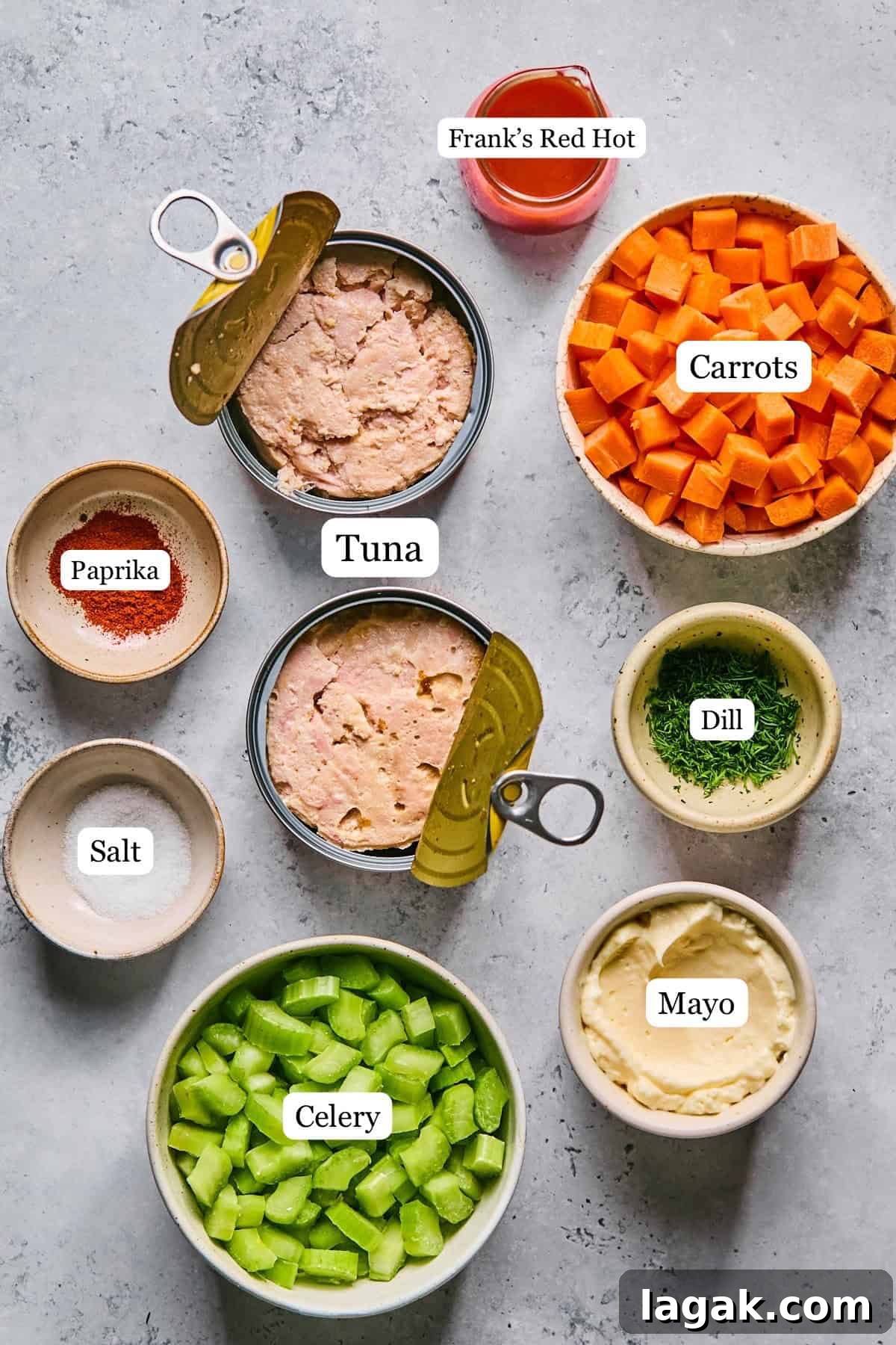 High-Protein Buffalo Tuna Salad Recipe for Meal Prep 3 recipe ingredients in small bowls and labeled