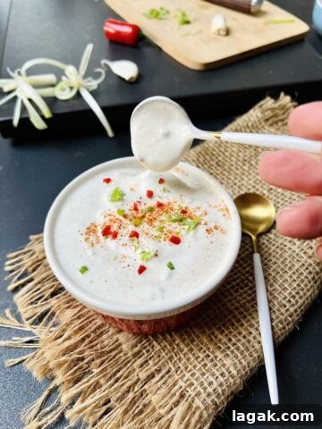 Sour cream sauce in red ceramic serving bowl with scallions.