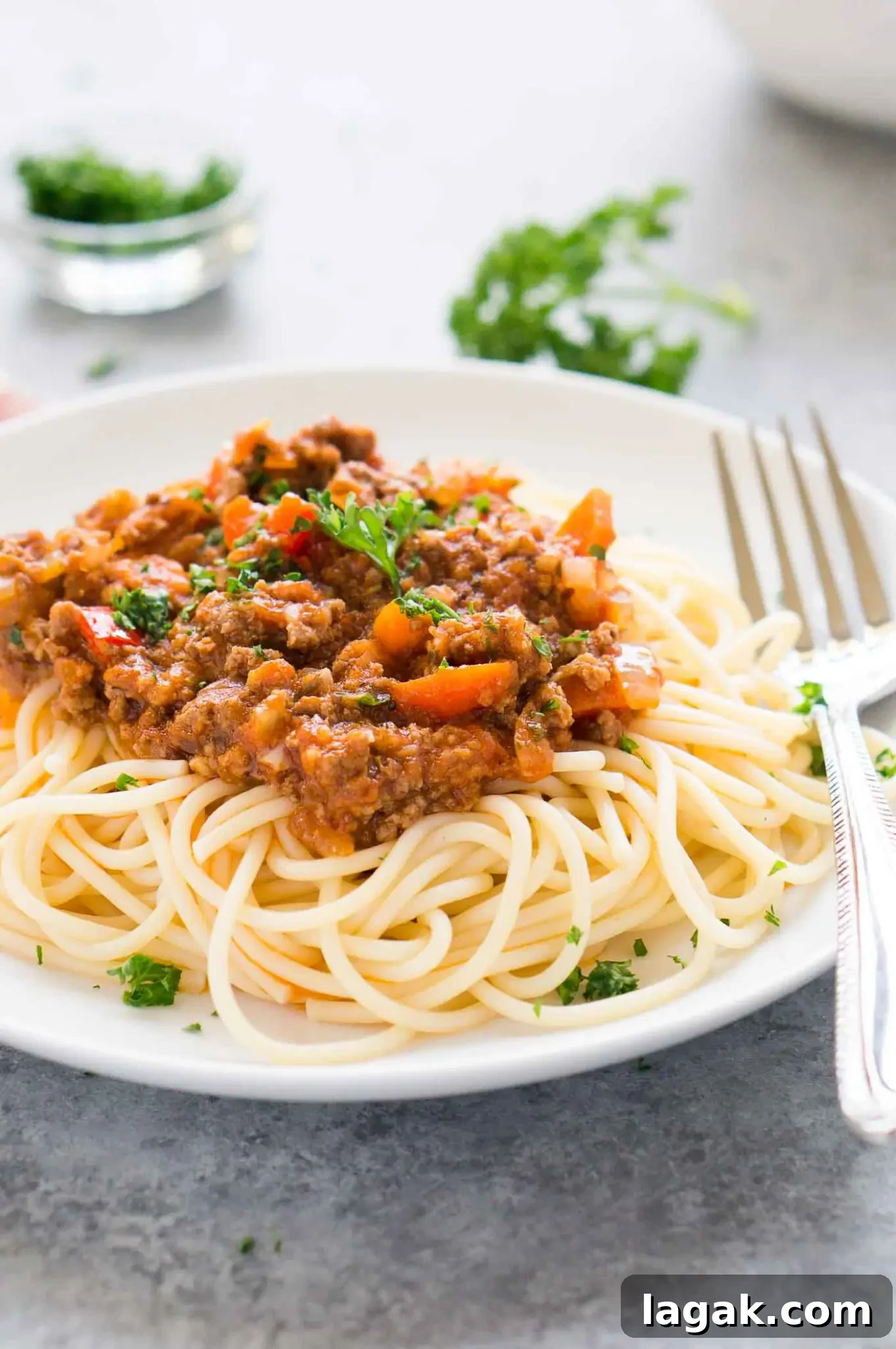 Bolognese sauce over cooked pasta