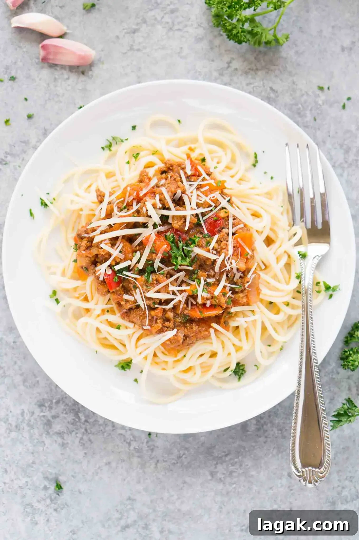 homemade meat sauce over pasta
