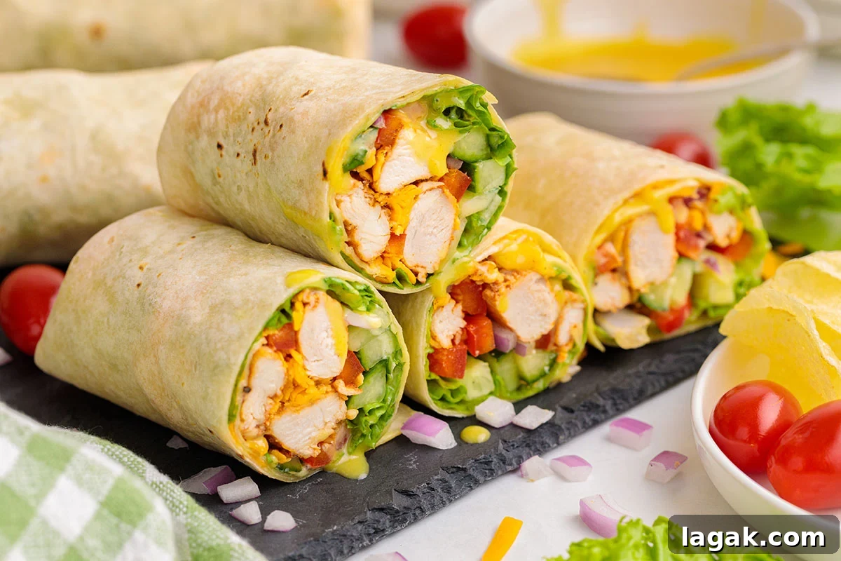 Honey Mustard Chicken Wrap Recipe: Quick Flavorful Lunch Idea 13 Honey Mustard Chicken Wraps sliced in half on a cutting board.