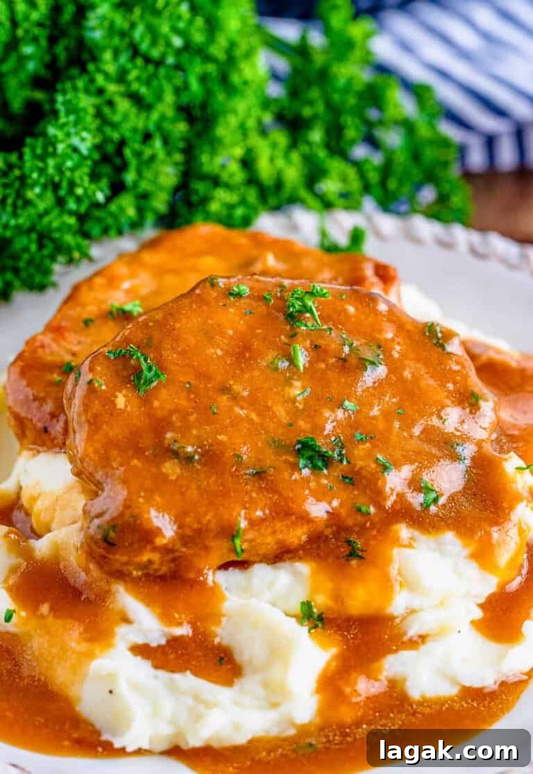 pork chops with sauce over mashed potatoes.