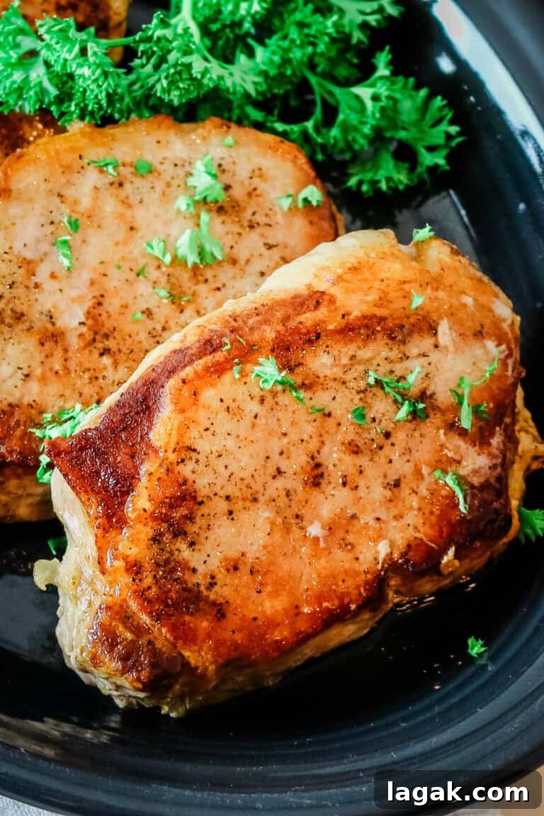 two pan-seared pork chops on a black plate.