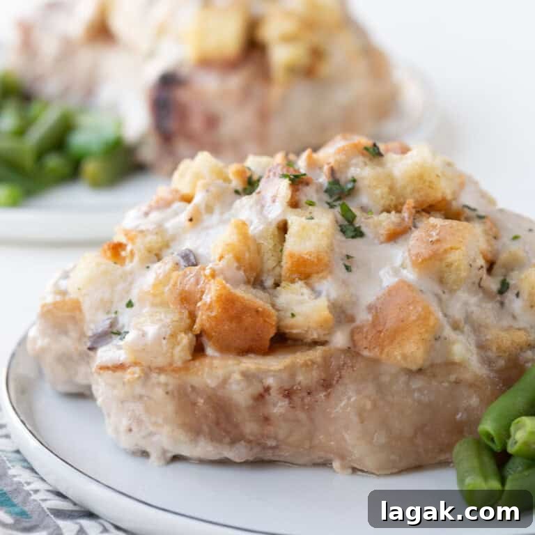 pork chop topped with stuffing and a creamy mushroom sauce on a white plate.