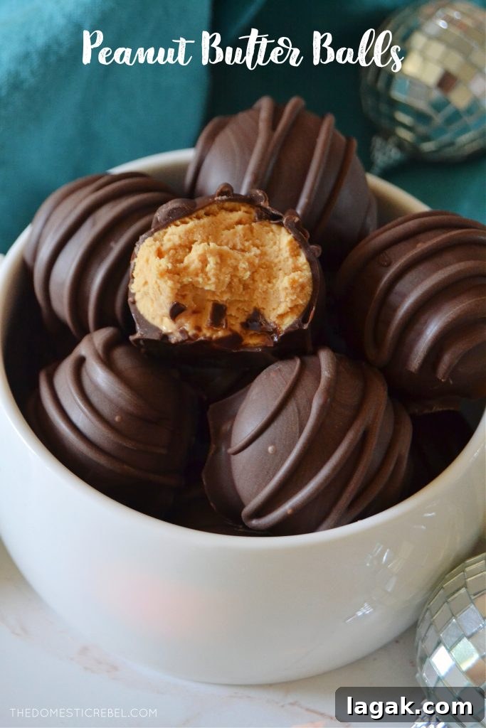 No-Bake Peanut Butter Balls Recipe for Quick Homemade Treats 2 a small white bowl filled with peanut butter truffles and one truffle has a bite missing from it