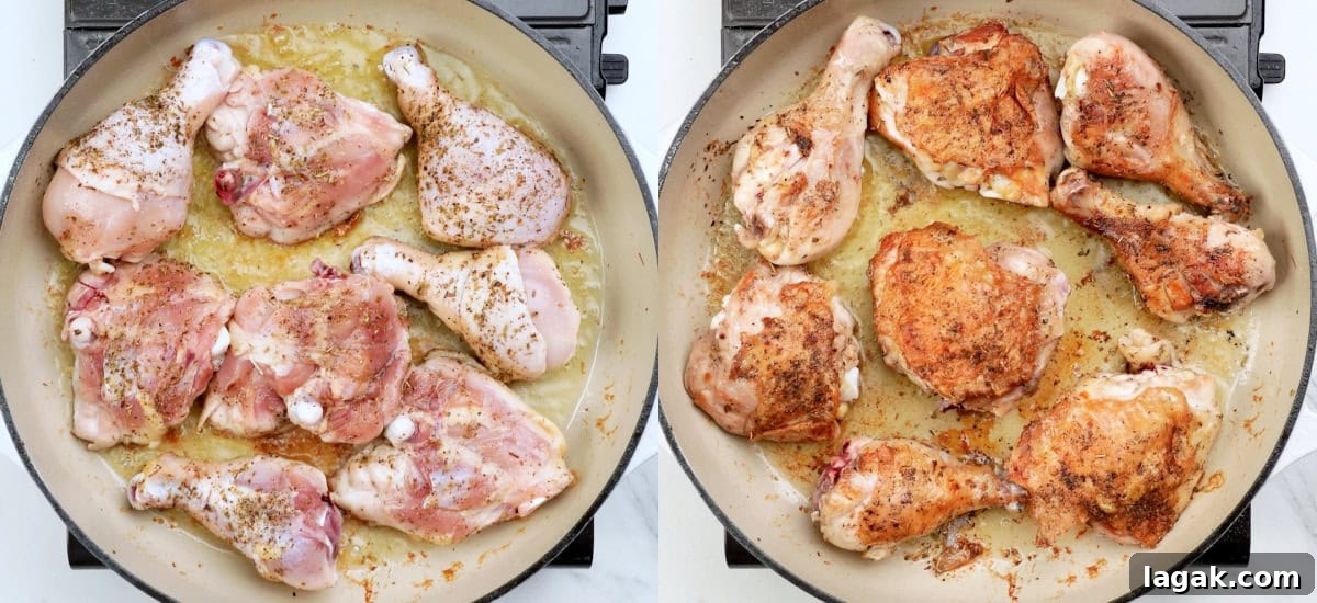 Italian-Style Chicken and Roasted Potatoes Recipe 6 Sear seasoned chicken until the skin is crispy.