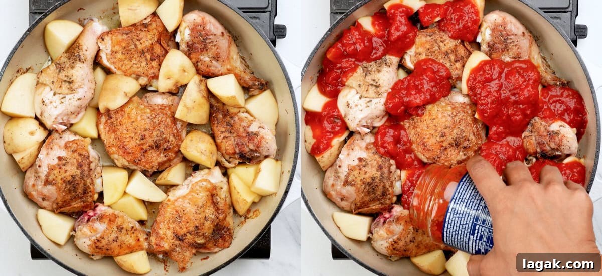 Italian-Style Chicken and Roasted Potatoes Recipe 7 Add potatoes and marinara to seared chicken in the skillet