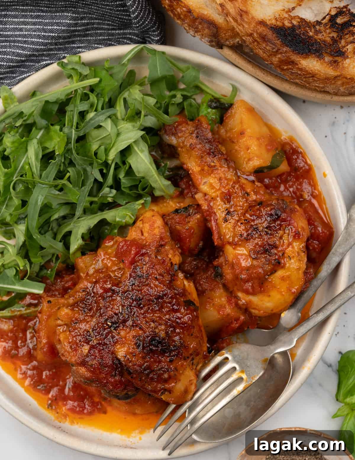 Italian-Style Chicken and Roasted Potatoes Recipe 8 Italian baked chicken and potatoes served with arugula salad.