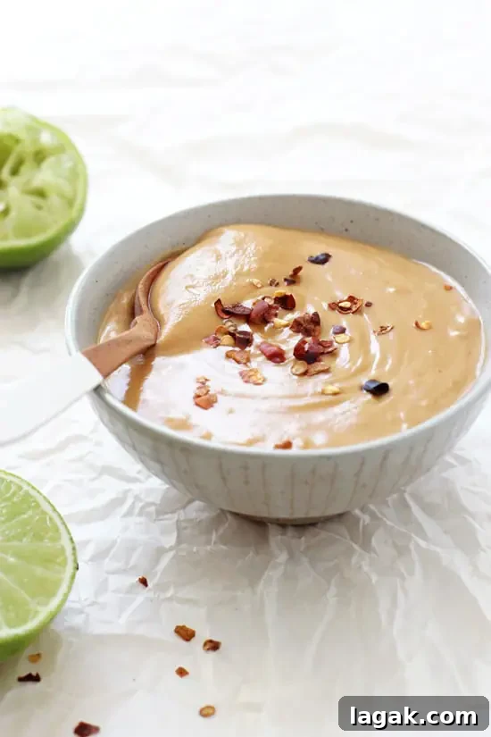 Just 15 minutes to this simple homemade peanut sauce! Filled with peanut butter, coconut milk, lime juice and fresh ginger! So flavorful & so much better than the stuff from the store! A grey bowl filled with Homemade Peanut Sauce with limes to the side.