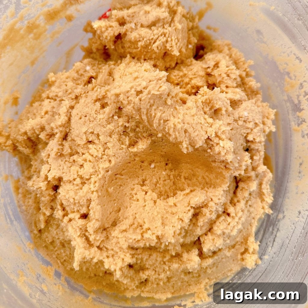 White Chocolate Macadamia Pudding Cookies Recipe 6 Cookie dough batter with flour added in mixing bowl.