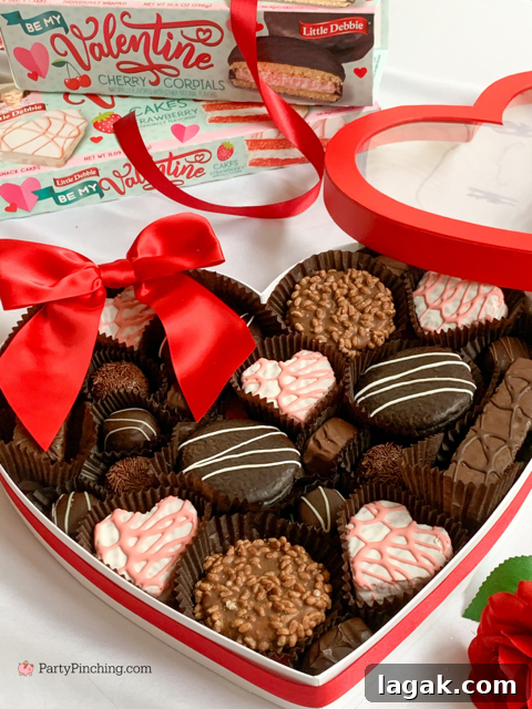 Little Debbie Valentine treats arranged in a heart box