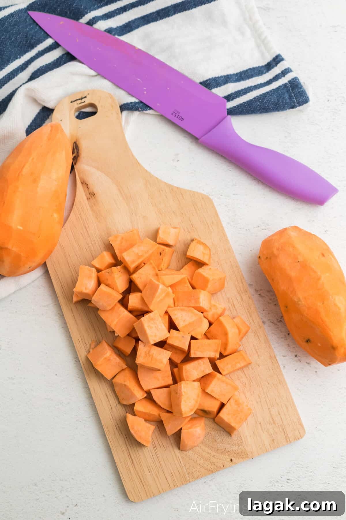 Crispy Air Fryer Sweet Potato Cubes Recipe 6 Step 2 cut potatoes