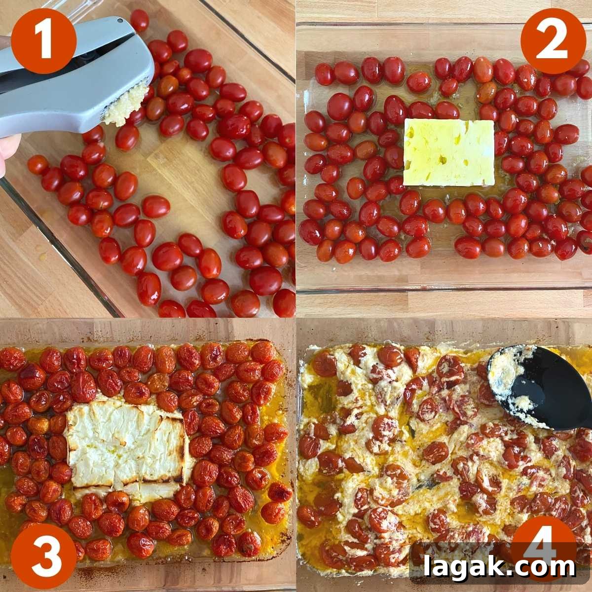 Shrimp and Zoodle Baked Feta Pasta with Garlic Lemon Sauce 3 Numbered Collage with steps to make baked feta sauce with tomatoes.