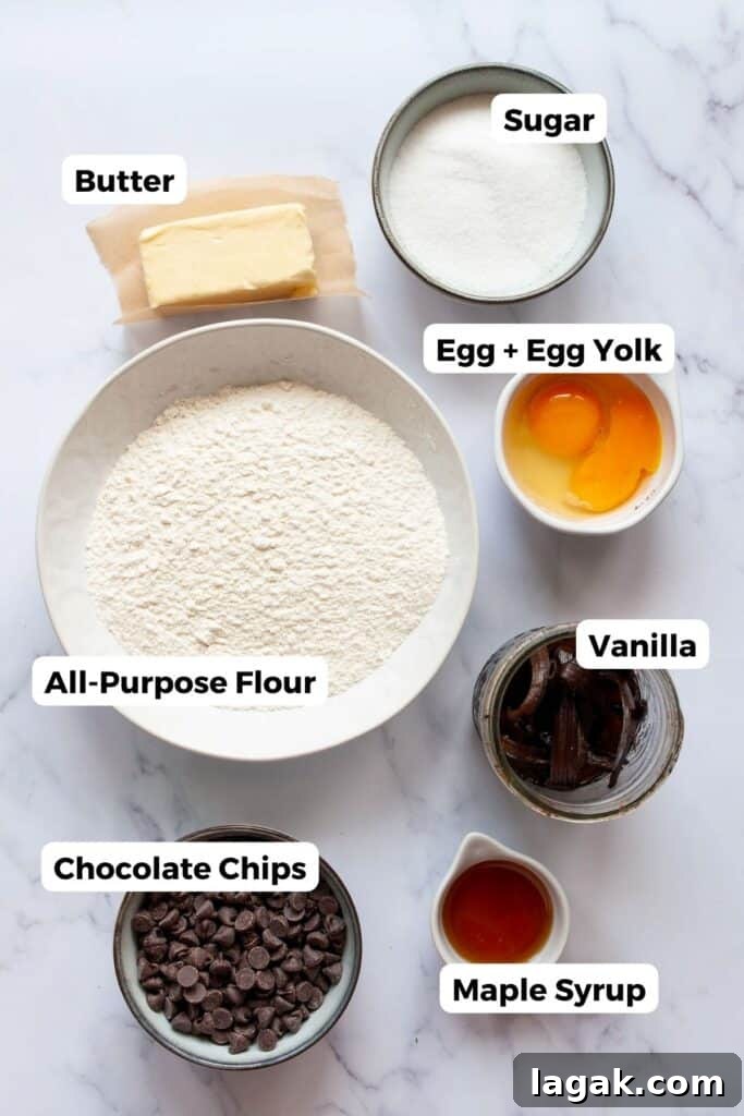 Classic Chocolate Chip Cookies Made Without Brown Sugar 4 all ingredients in chocolate chip cookies without brown sugar including butter, sugar, flour, eggs, maple syrup, chocolate chips, and vanilla extract