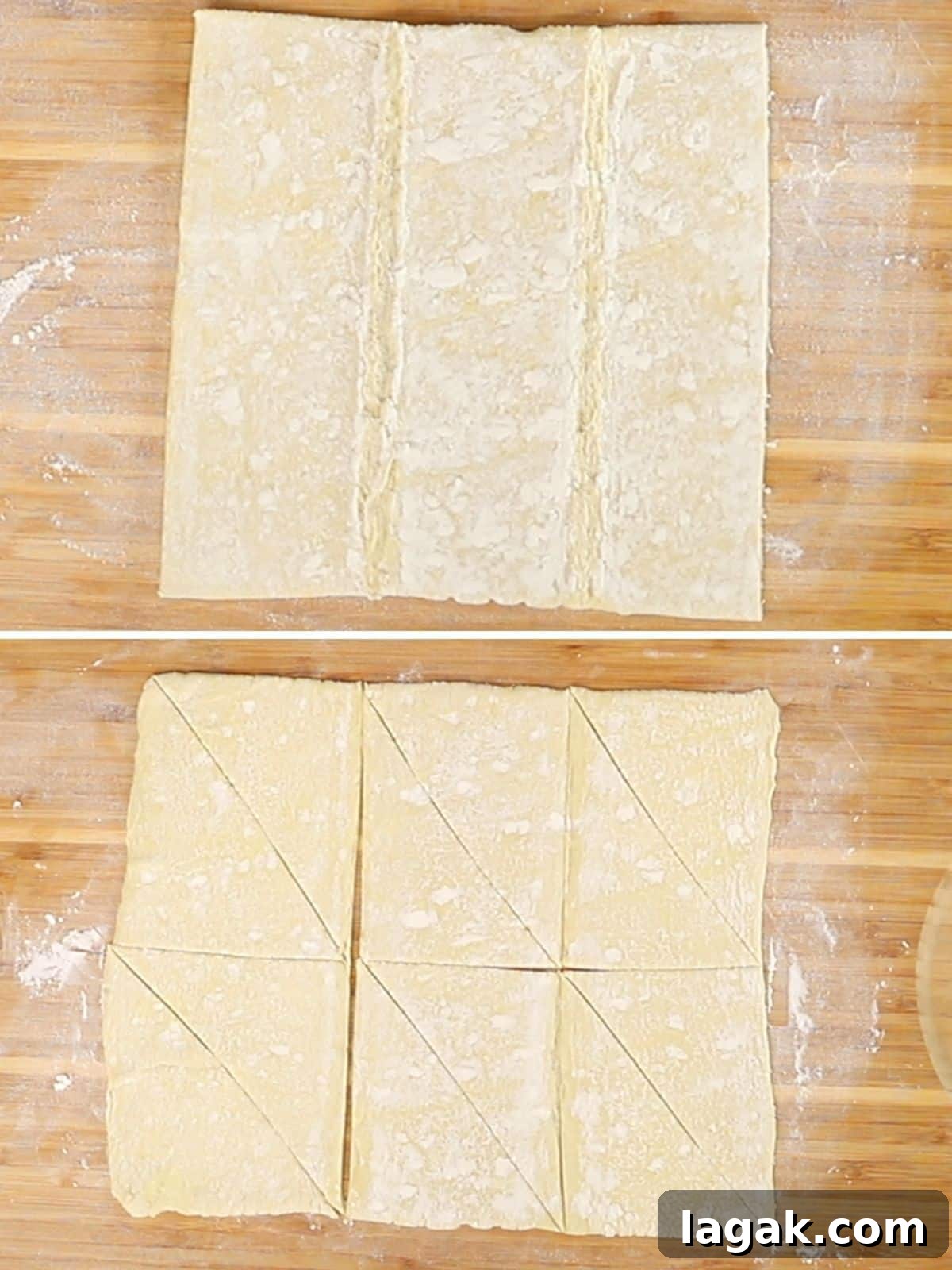 How to Make Classic Chocolate Croissants (Pain au Chocolat) 4 A collage of two images showing how to roll and cut puff pastry sheet.