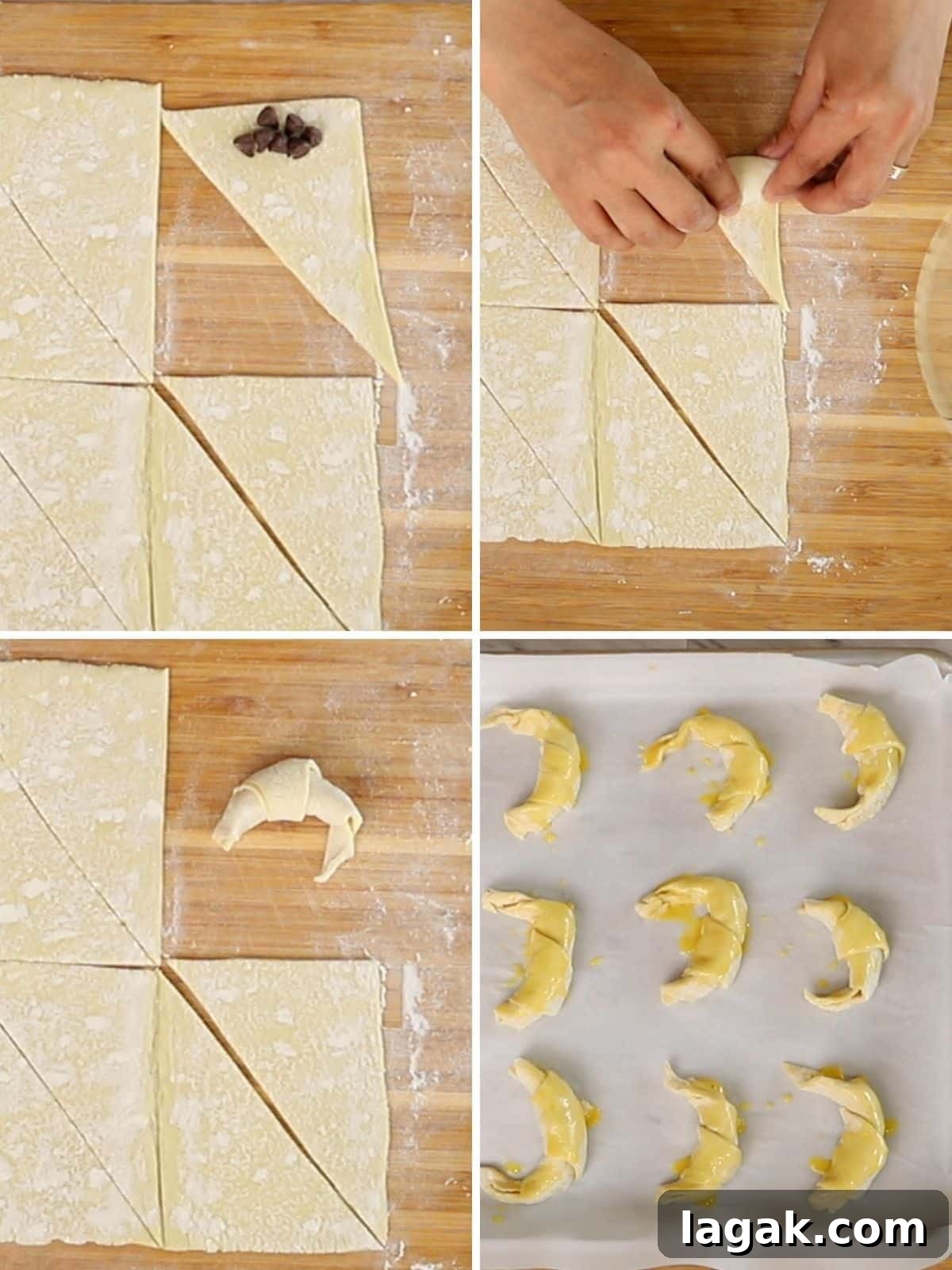 How to Make Classic Chocolate Croissants (Pain au Chocolat) 5 A collage of 4 images showing how to make chocolate croissants.